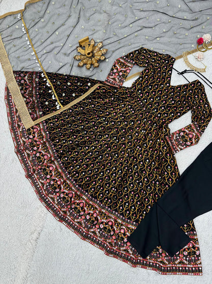 Terrific Black Color Thread Sequence Work Gown