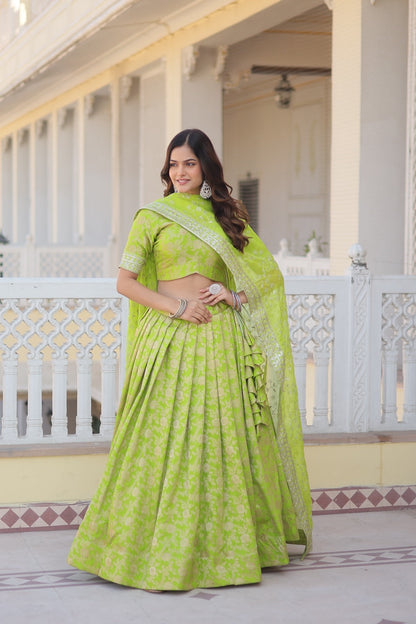Occasion Wear Jacquard Parrot Green Color Lehenga Choli