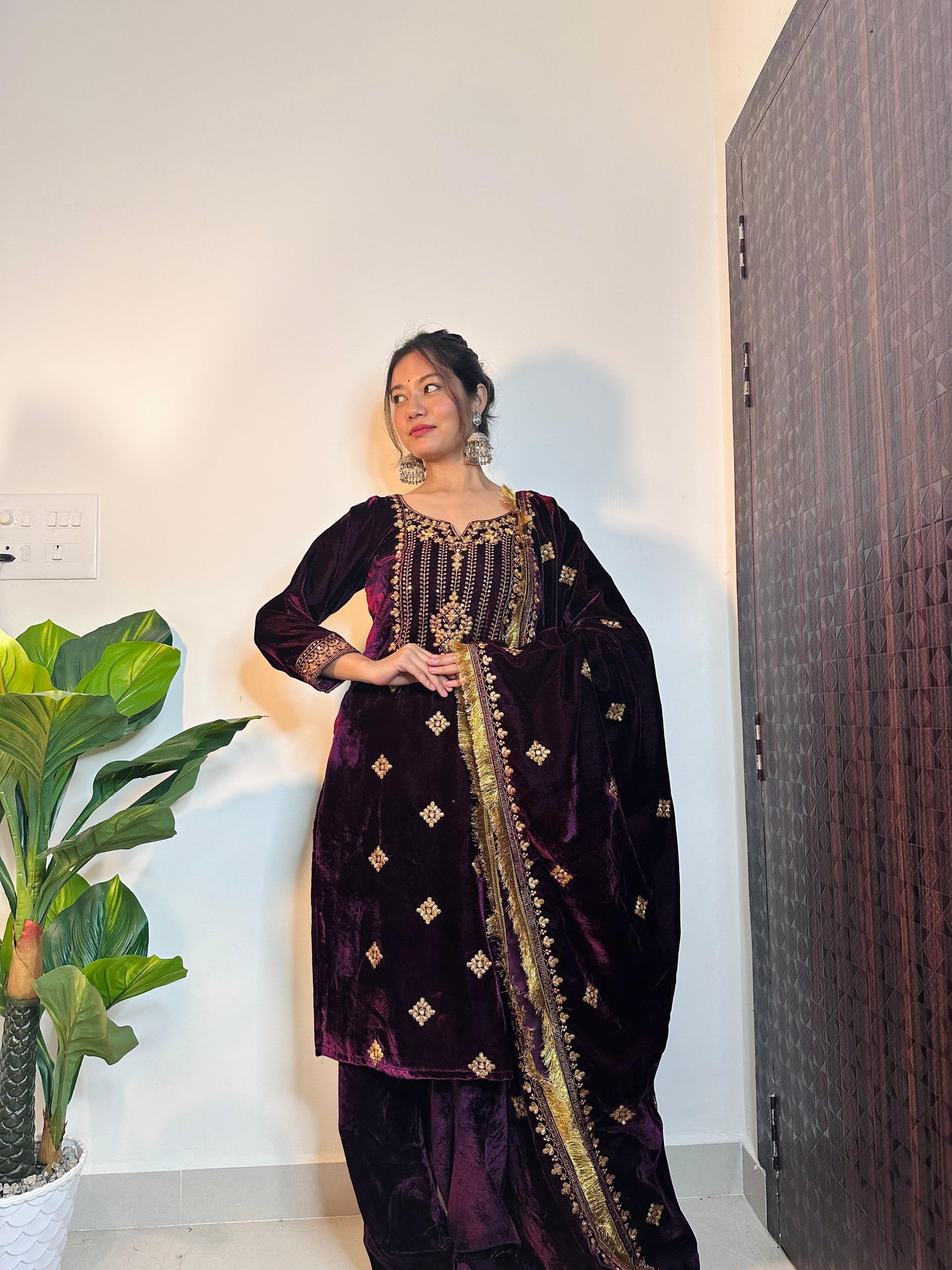 Velvet Thread Sequence Work Wine Color Suit