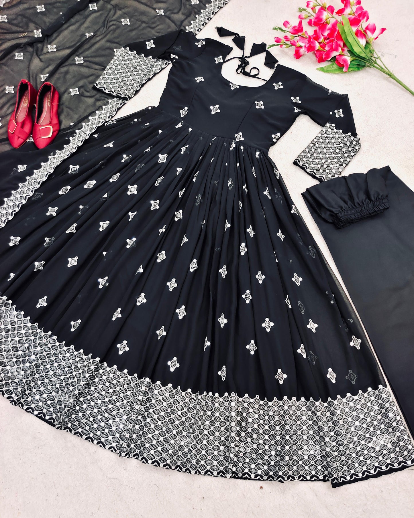 Terrific Thread Sequence Work Black Color Gown