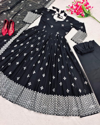 Terrific Thread Sequence Work Black Color Gown