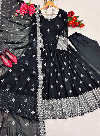 Terrific Thread Sequence Work Black Color Gown