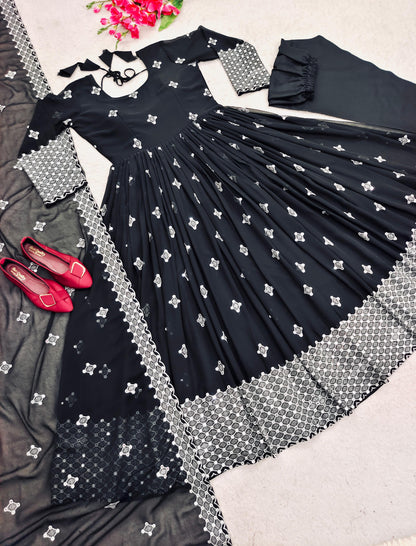 Terrific Thread Sequence Work Black Color Gown