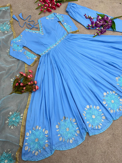 Fantastic Embroidery Work Sky Blue Anarkali Suit