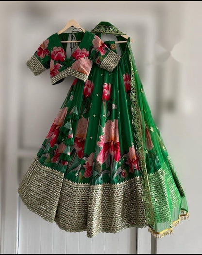 Fabulous Digital Print Work Green Color Lehenga Choli