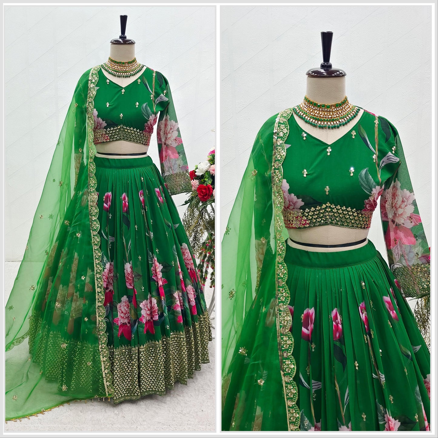 Fabulous Digital Print Work Green Color Lehenga Choli