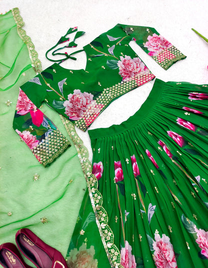 Fabulous Digital Print Work Green Color Lehenga Choli