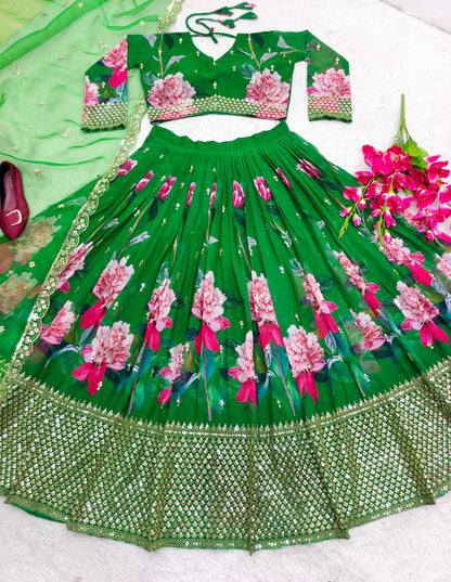 Fabulous Digital Print Work Green Color Lehenga Choli