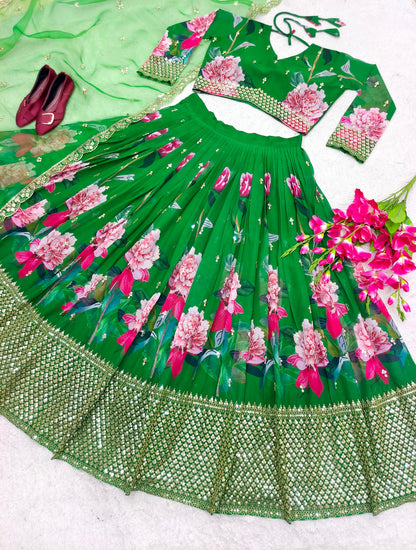Fabulous Digital Print Work Green Color Lehenga Choli