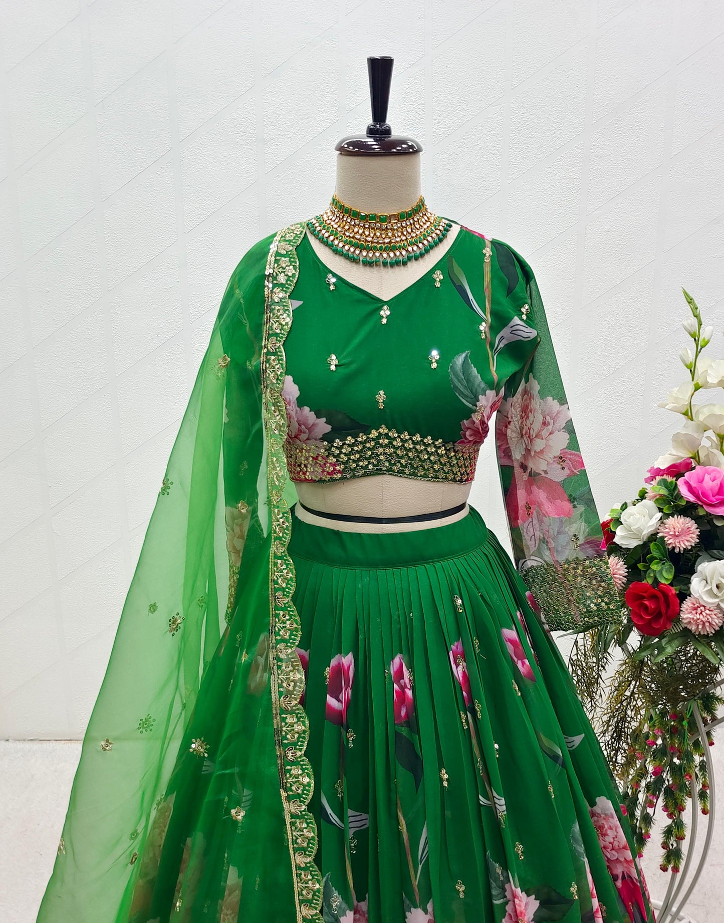Fabulous Digital Print Work Green Color Lehenga Choli
