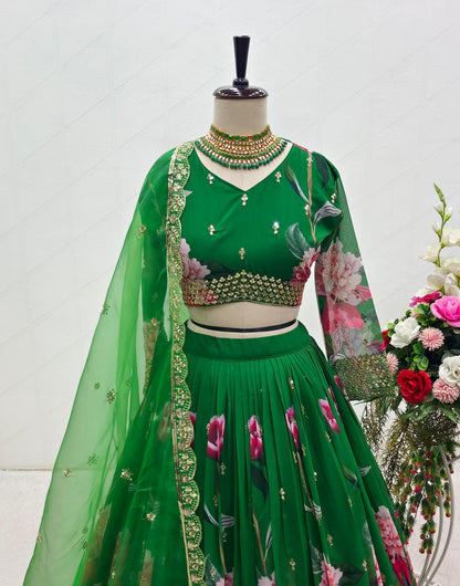 Fabulous Digital Print Work Green Color Lehenga Choli