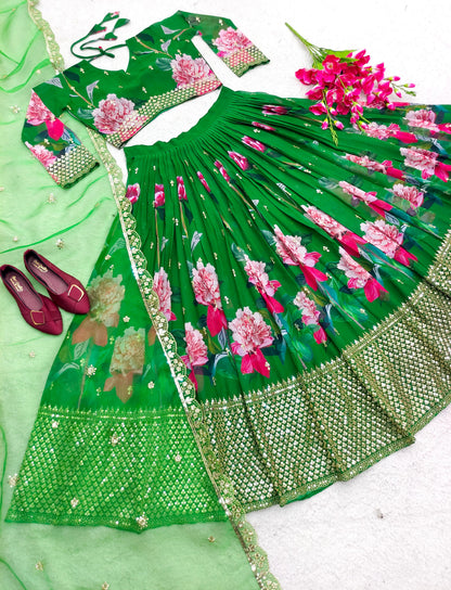 Fabulous Digital Print Work Green Color Lehenga Choli
