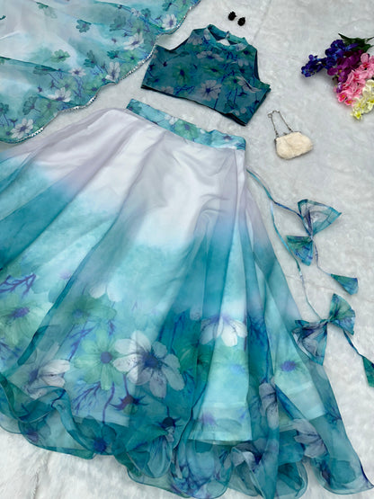 Pretty White With Sky Blue Organza Silk Lehenga Choli