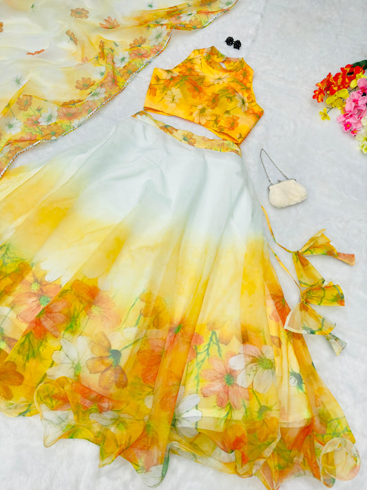 Pretty White With Yellow Organza Silk Lehenga Choli