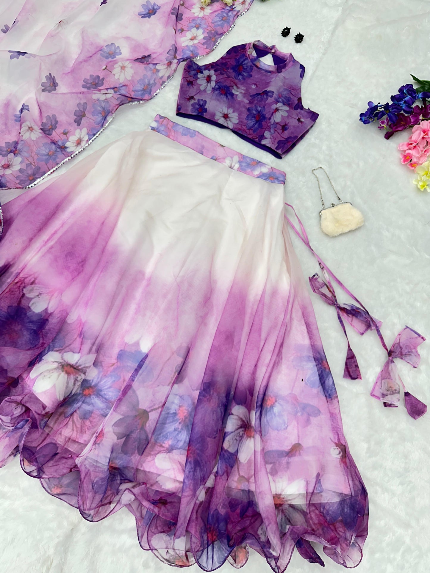 Pretty White With Purple Organza Silk Lehenga Choli