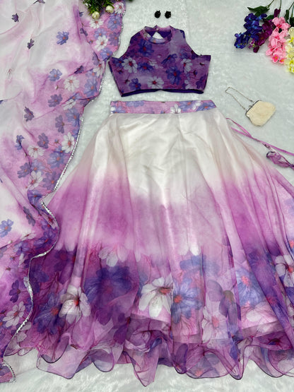 Pretty White With Purple Organza Silk Lehenga Choli