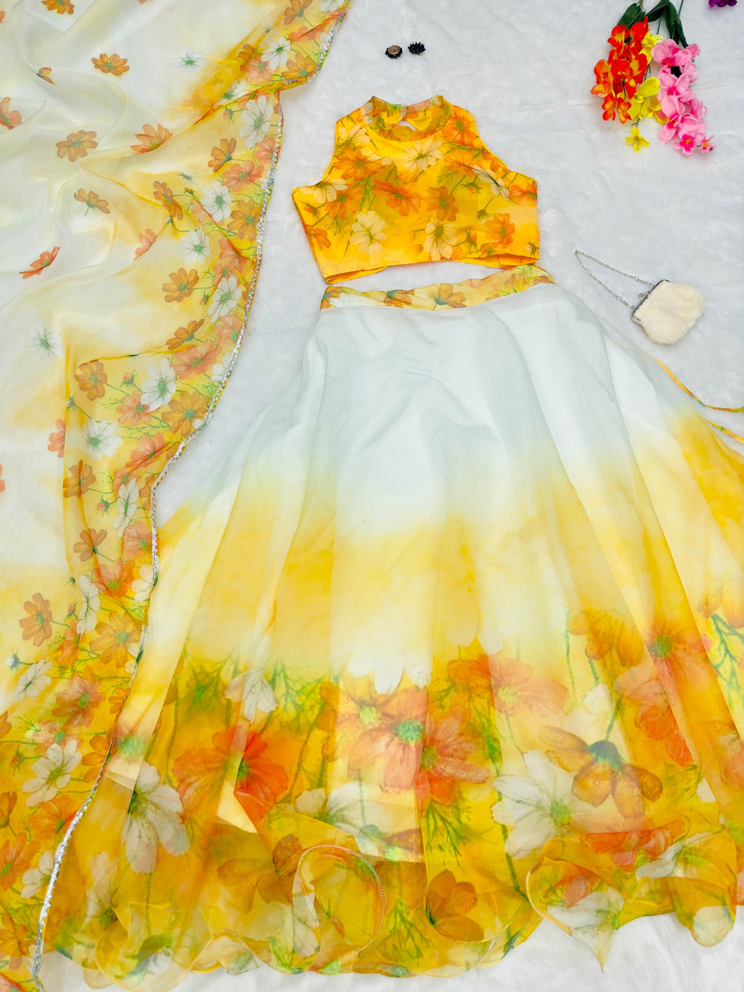 Pretty White With Yellow Organza Silk Lehenga Choli