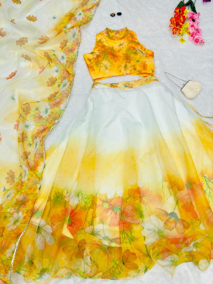 Pretty White With Yellow Organza Silk Lehenga Choli