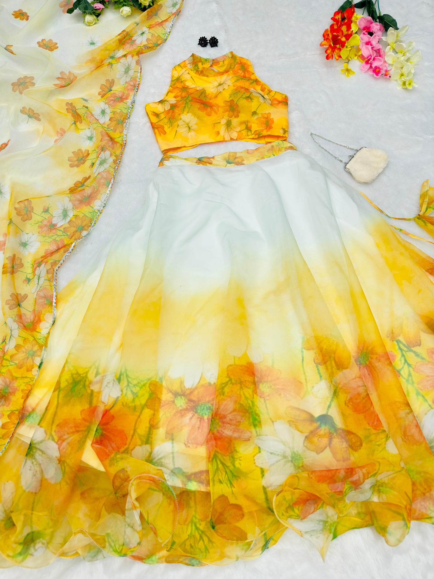 Pretty White With Yellow Organza Silk Lehenga Choli