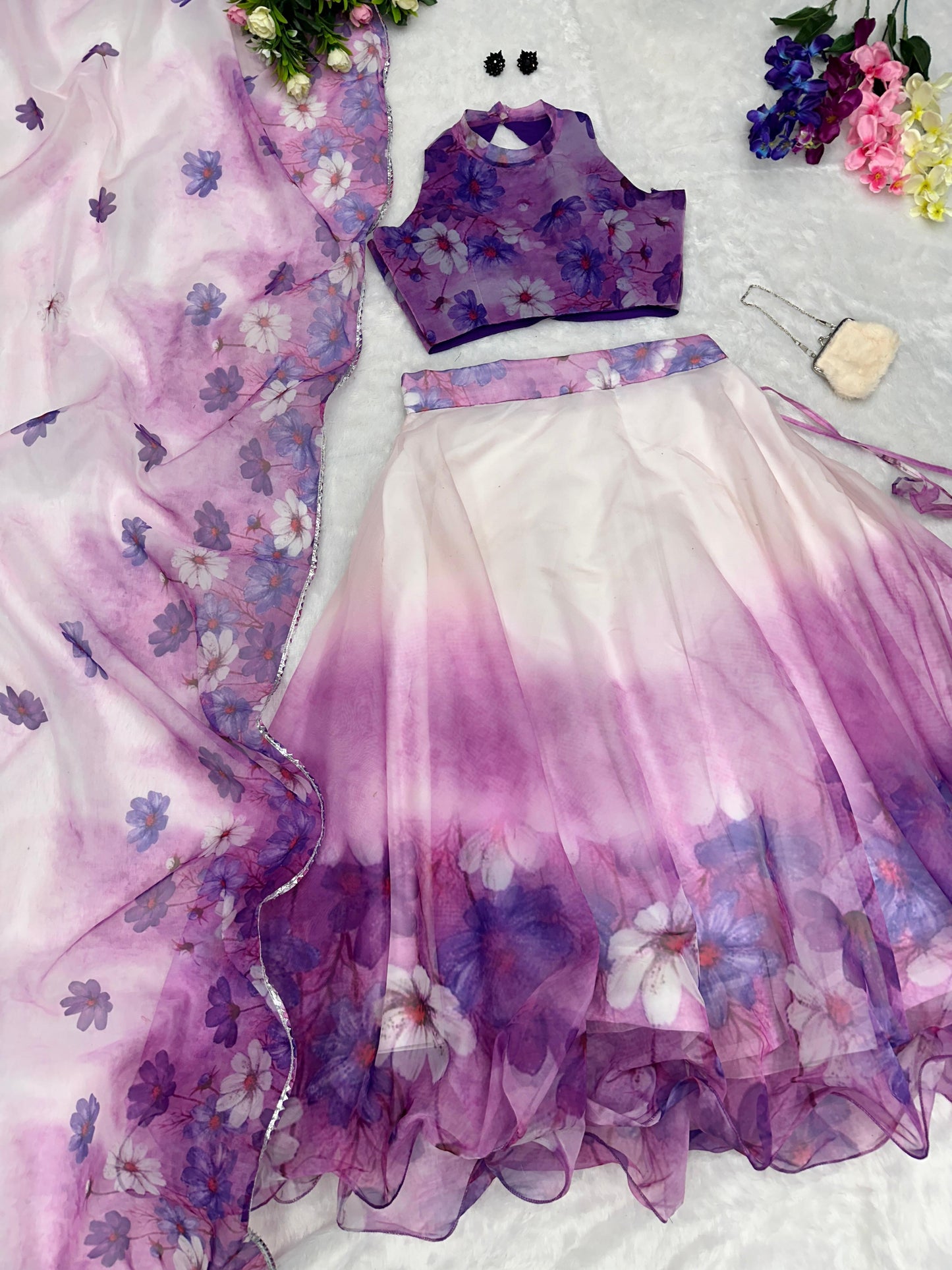 Pretty White With Purple Organza Silk Lehenga Choli