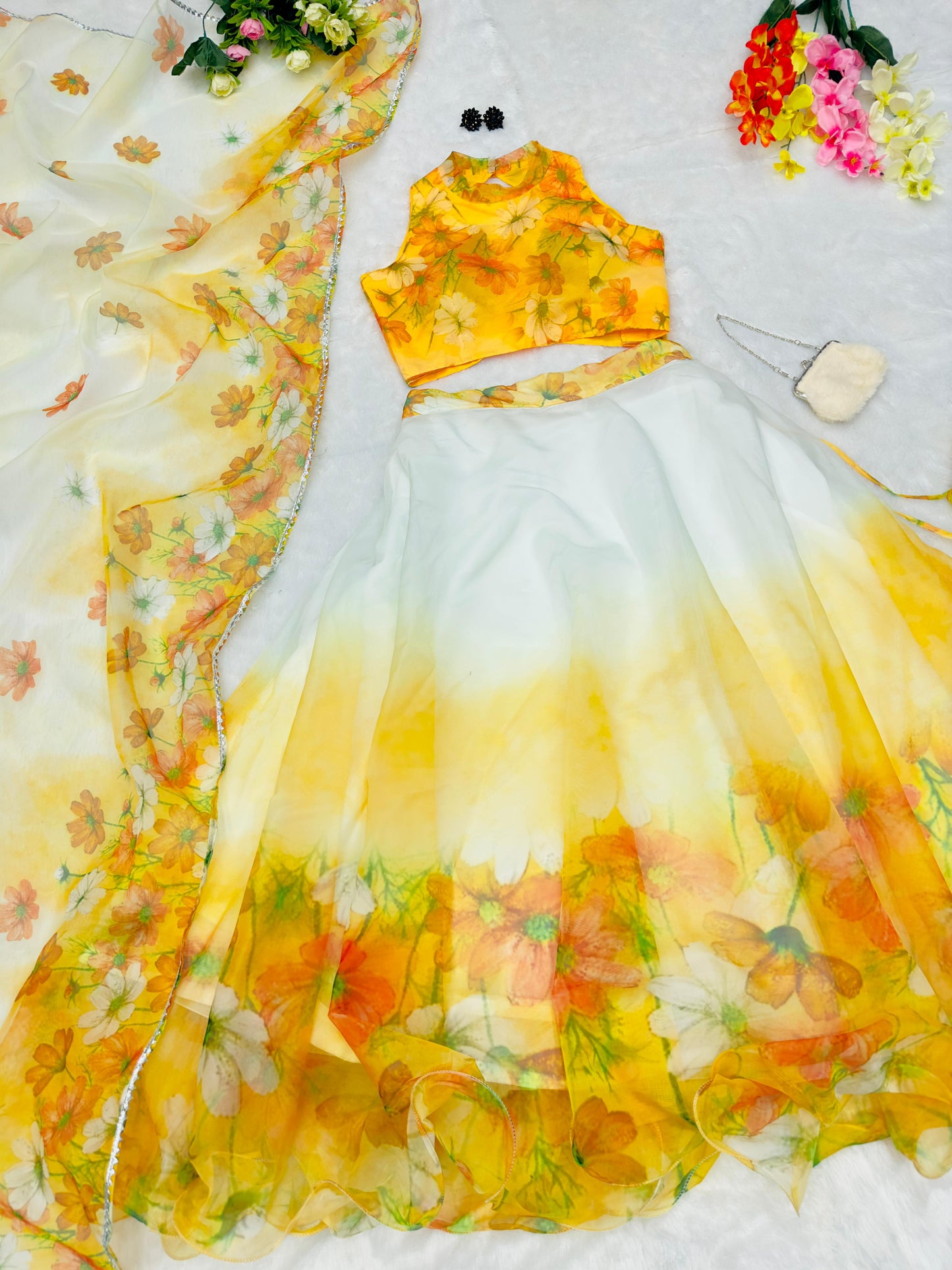 Pretty White With Yellow Organza Silk Lehenga Choli