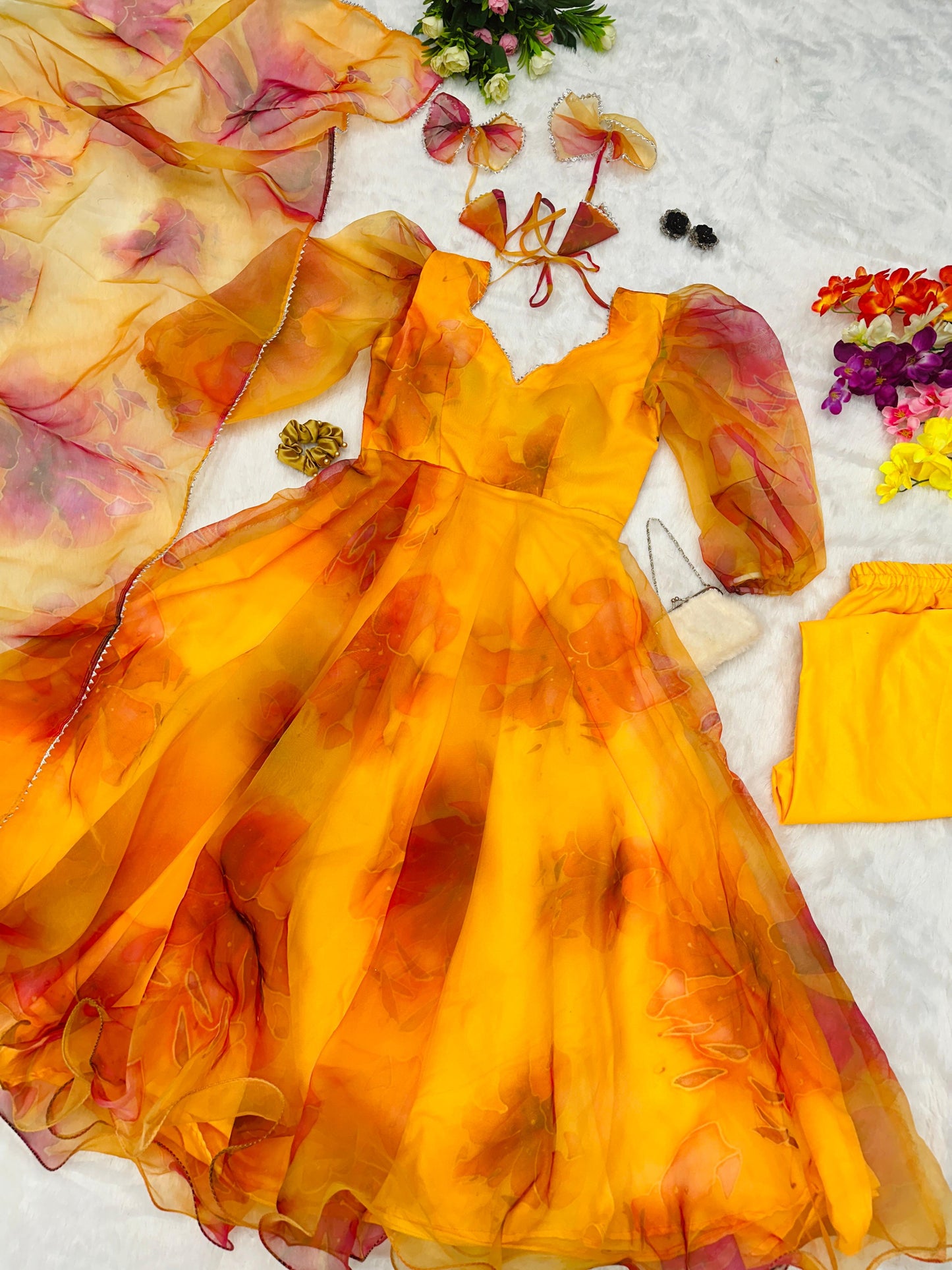 Digital Printed Organza Mustard Color Anarkali Suit
