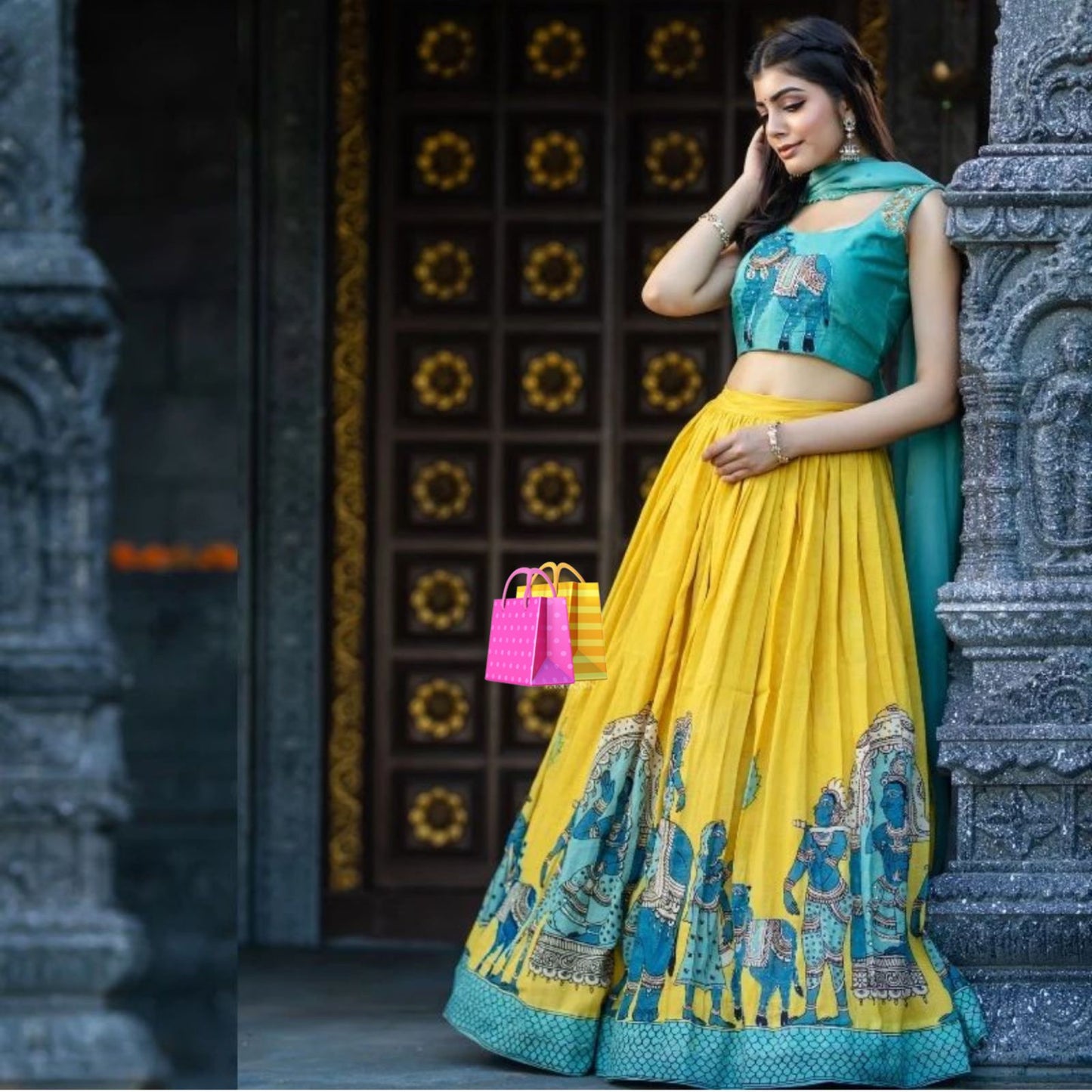 Exclusive Sky Blue Printed Blouse With Yellow Lehenga