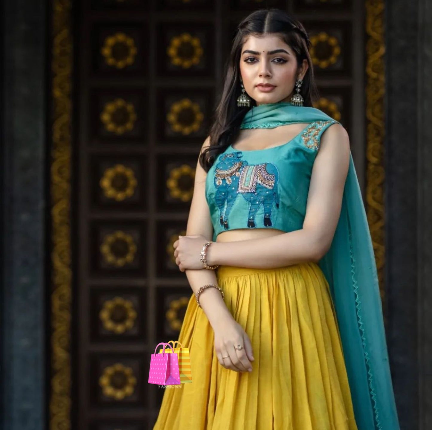 Exclusive Sky Blue Printed Blouse With Yellow Lehenga