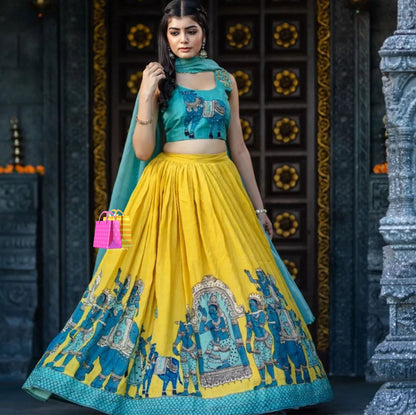 Exclusive Sky Blue Printed Blouse With Yellow Lehenga