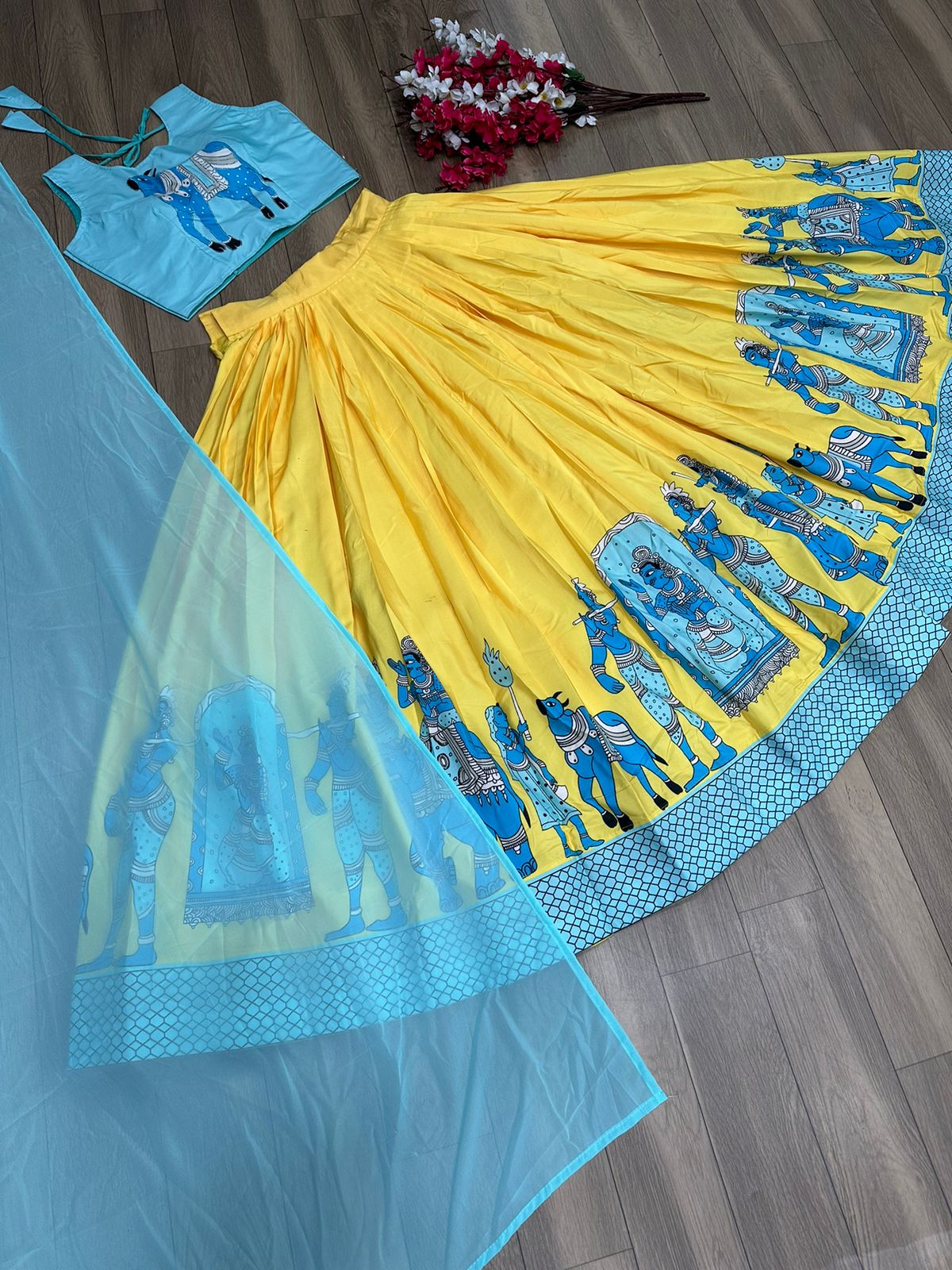Exclusive Sky Blue Printed Blouse With Yellow Lehenga