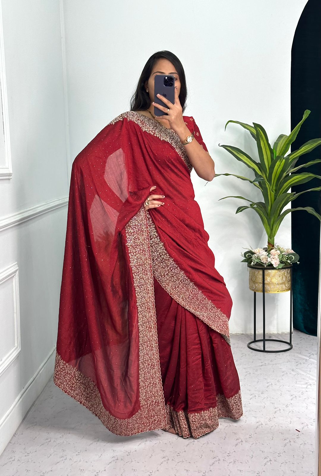 Superhit Diamond Embroidery Work Maroon Color Saree
