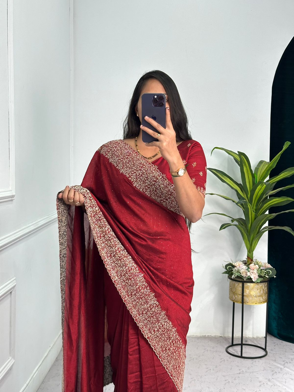 Superhit Diamond Embroidery Work Maroon Color Saree