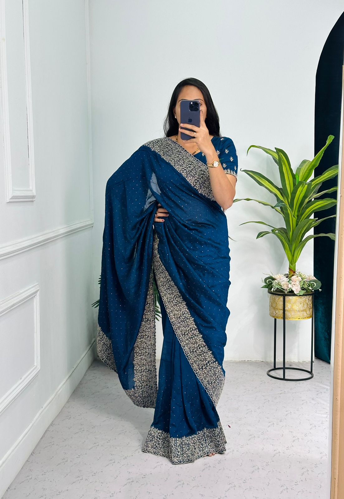 Superhit Diamond Embroidery Work Teal Blue Color Saree
