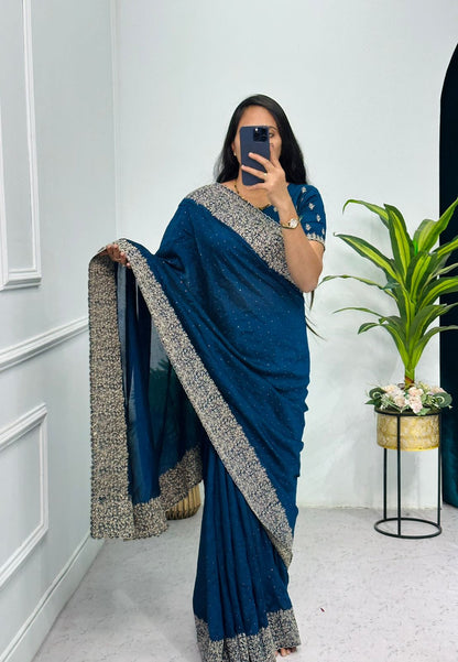Superhit Diamond Embroidery Work Teal Blue Color Saree