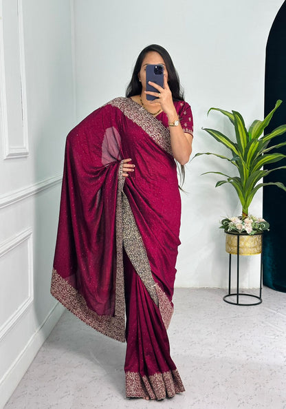 Superhit Diamond Embroidery Work Wine Color Saree