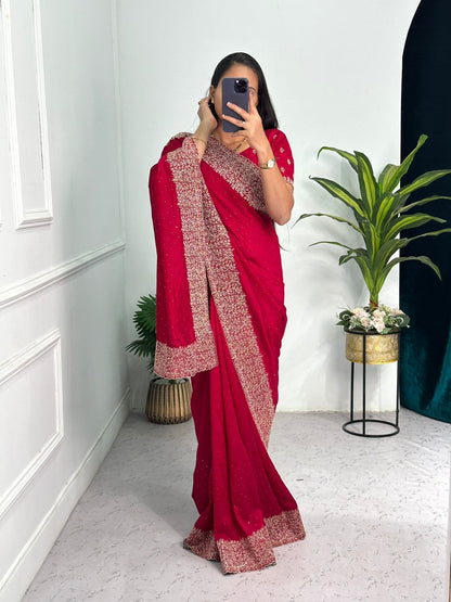 Superhit Diamond Embroidery Work Red Color Saree