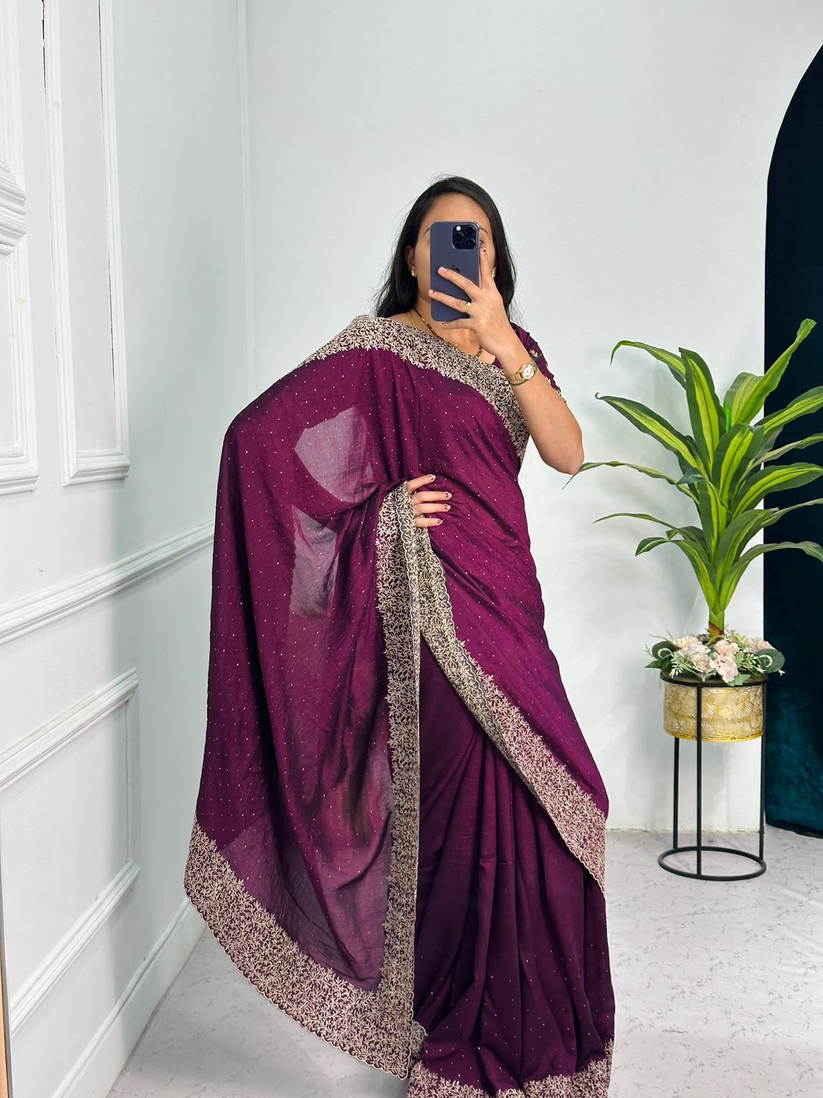 Superhit Diamond Embroidery Work Purple Color Saree