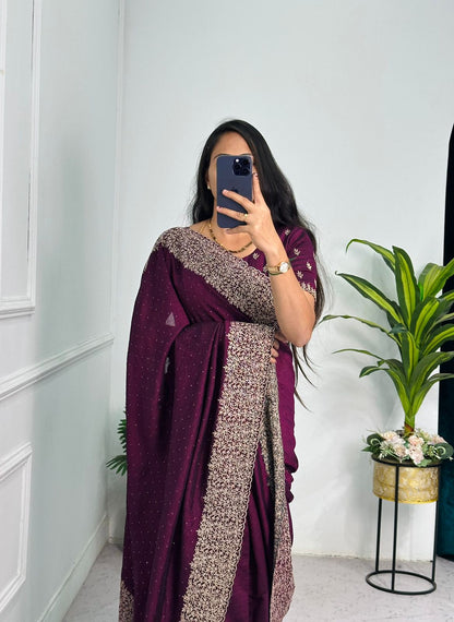 Superhit Diamond Embroidery Work Purple Color Saree