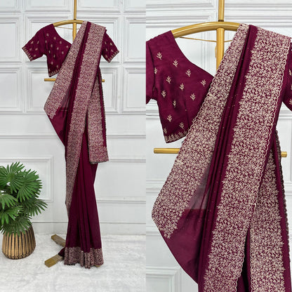 Superhit Diamond Embroidery Work Wine Color Saree