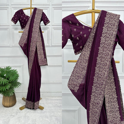 Superhit Diamond Embroidery Work Purple Color Saree