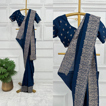 Superhit Diamond Embroidery Work Teal Blue Color Saree