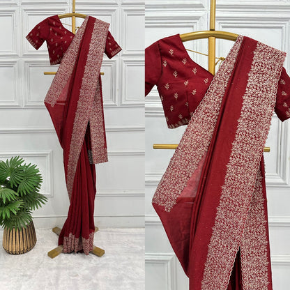 Superhit Diamond Embroidery Work Maroon Color Saree
