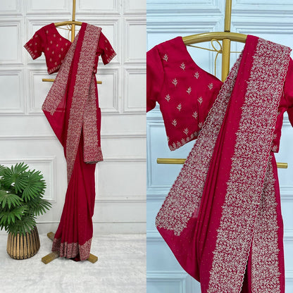 Superhit Diamond Embroidery Work Red Color Saree