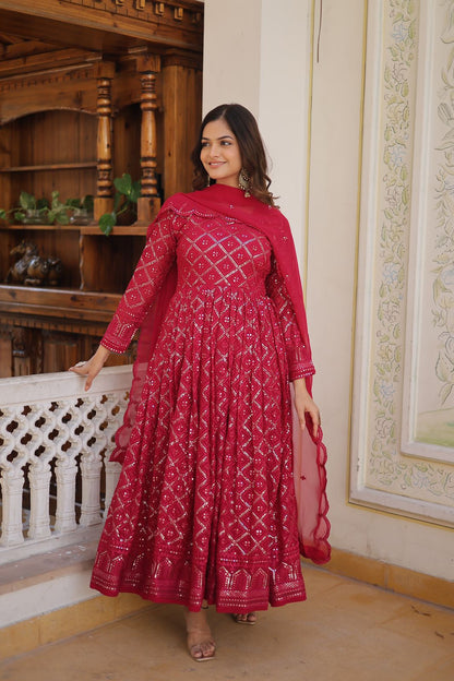 Charming Sequins Embroidered Work Pink Gown
