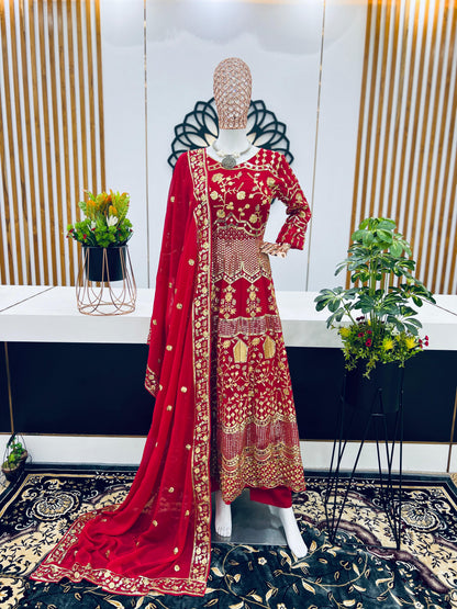 Red Color Heavy Embroidery Sequence Work Anarkali Suit
