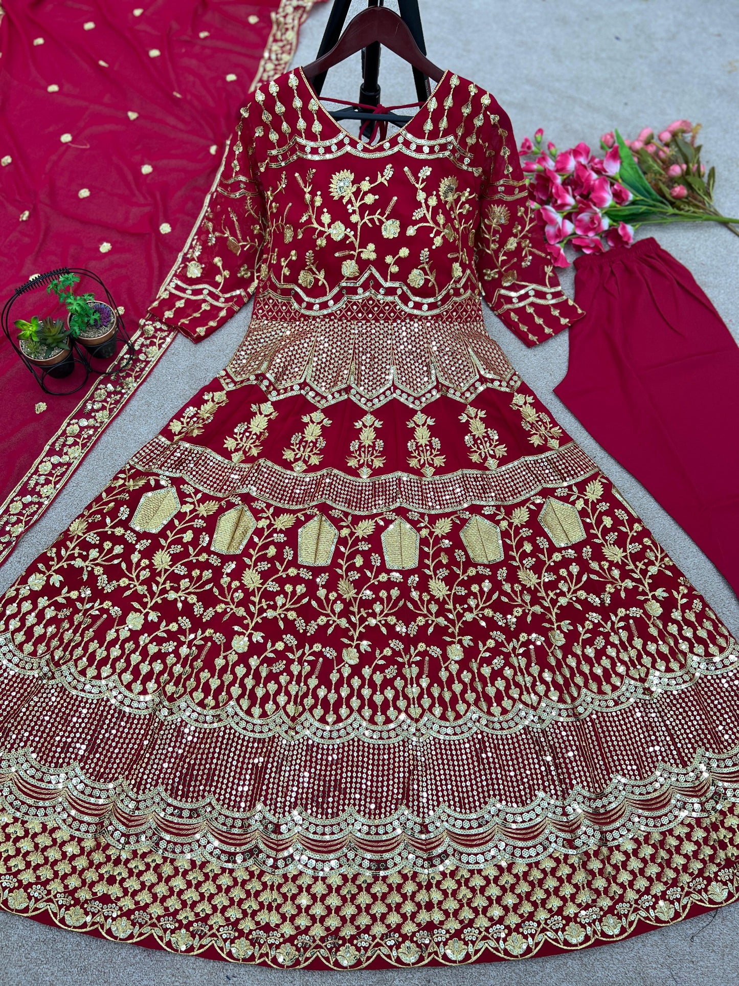 Red Color Heavy Embroidery Sequence Work Anarkali Suit