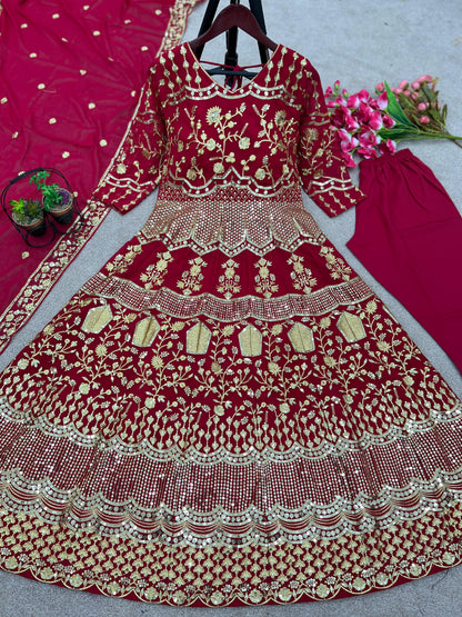 Red Color Heavy Embroidery Sequence Work Anarkali Suit