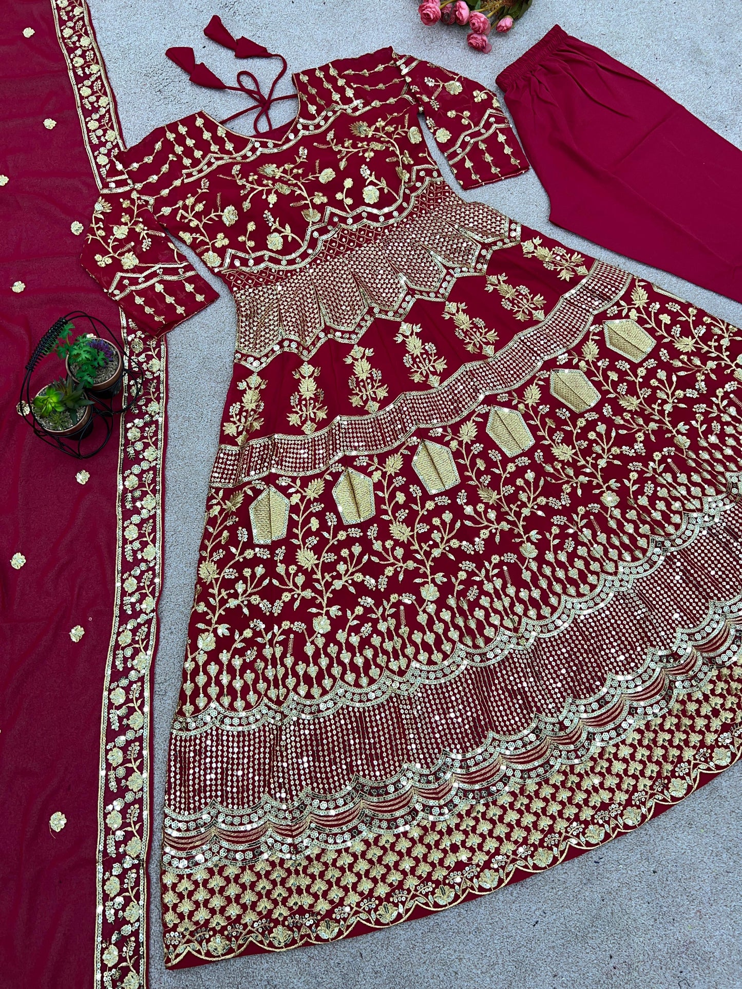 Red Color Heavy Embroidery Sequence Work Anarkali Suit