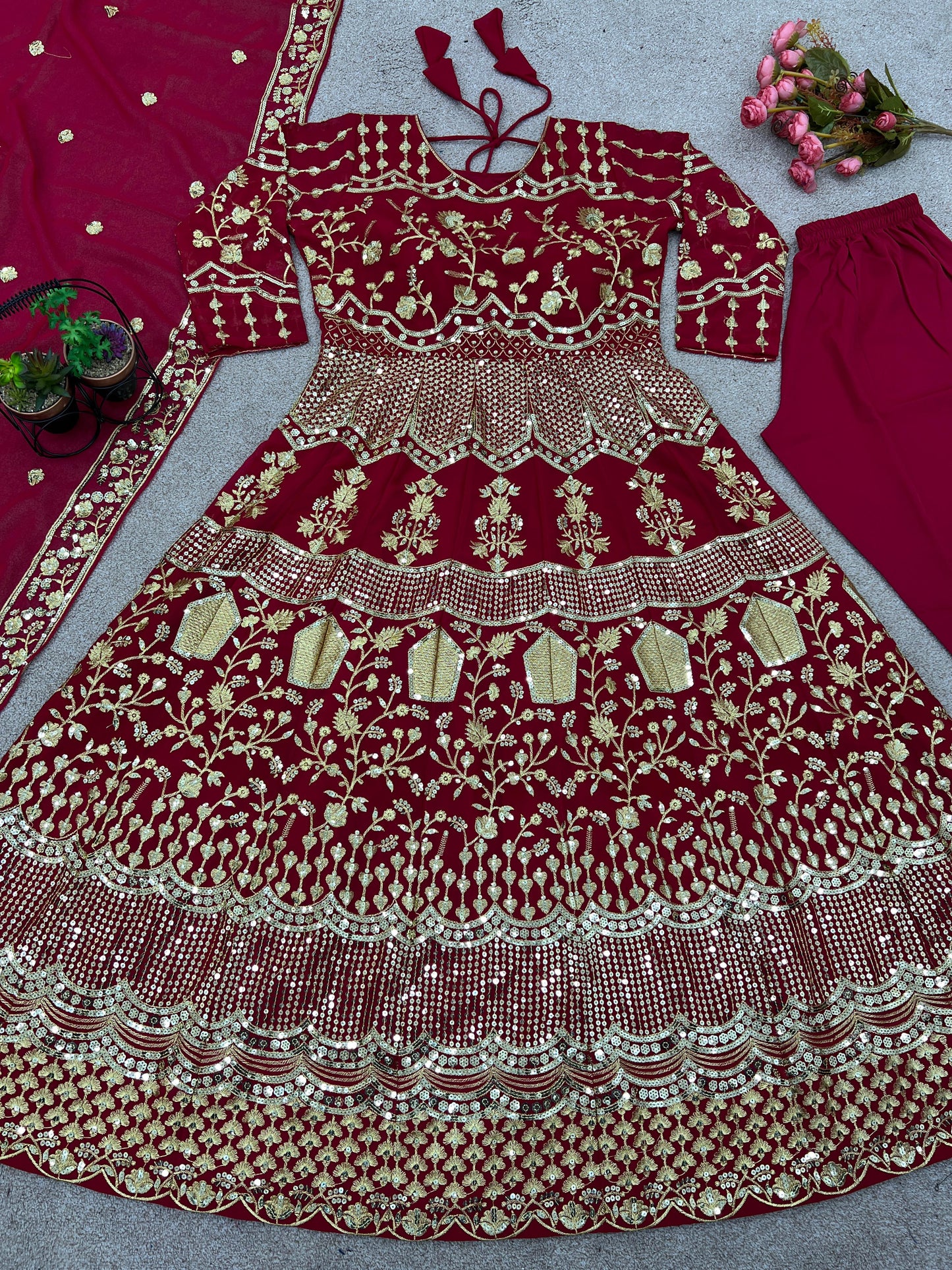 Red Color Heavy Embroidery Sequence Work Anarkali Suit