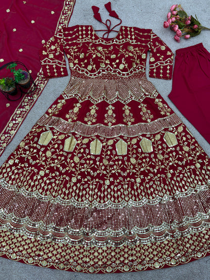Red Color Heavy Embroidery Sequence Work Anarkali Suit